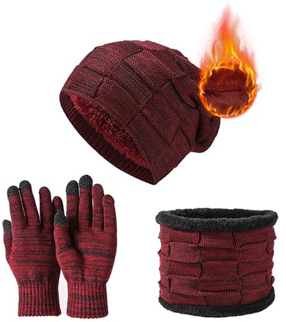 JXCTNNU Mütze Schal Handschuh Sets Wintermütze Unisex Beanie Strickmütze Winterschal Thermo Touchscreen Handschuhe Ski 3-in-1 Wintermütze Verdickung Set für Herren Damen (Weinrot)