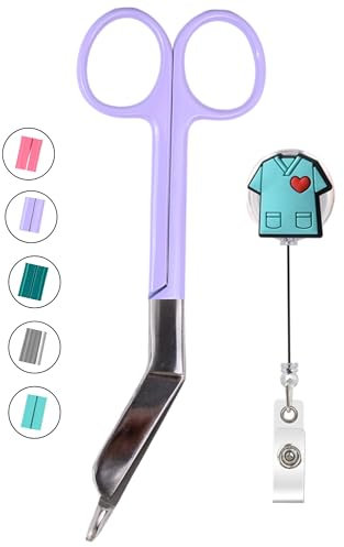 YUME Tijeras Enfermería de Acero Inoxidable con Punta Roma + Llavero Retráctil de Regalo | Tijeras Punta Pico de Pato | Regalos Perfectos para Enfermeras | TCAE accesorios (MORADO)