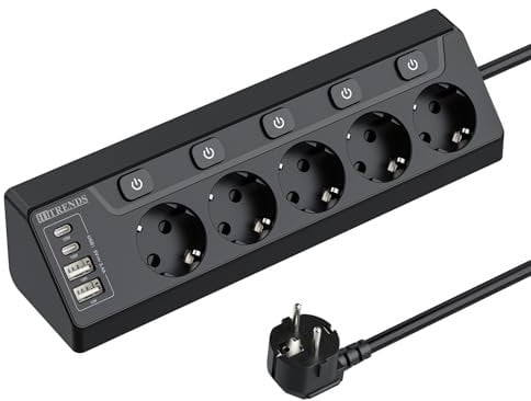 Ecksteckdose mit USB, 5 Fach Steckdosenleiste mit Schalter, Mehrfachsteckdose Steckerleiste mit 2 USB und 2 Type-C, 9 in 1 Überspannungsschutz mit 2M Kabel für Smartphones Tablets, Hause, Schwarz