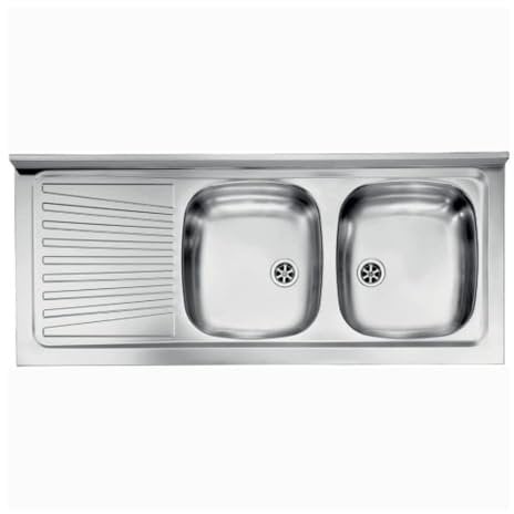 Fregadero de acero inoxidable para encimera 2 cubetas y bandeja recogegotas izquierda 120x50 cm - Mondy