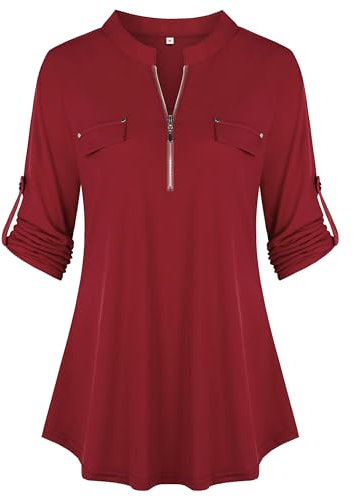 Lalala Damen Casual V Ausschnitt Dreiviertelarm Longbluse Elegant Schickes Oberteile D_Weinrot XXL