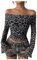 GORGLITTER Women's Leopard Off Shoulder Bell Long Sleeve Crop Top Sexy Skinny Cropped T Shirt Grey L