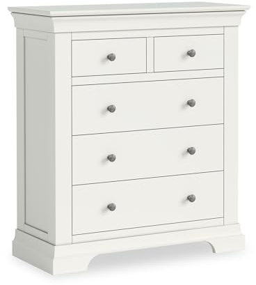 RoselandFurniture Colette White 2 Over 3 Chest of Drawers for Bedroom | Fully Assembled, Wooden Storage Dresser with Plinth Base, Painted Pine, French Style, H95cm W85cm D38cm