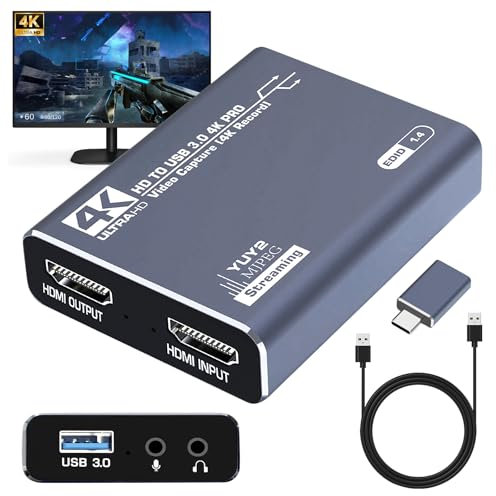 Video Capture Card 4K HDMI a USB 3.0, 1080P 60Hz Audio Video Capture Card, Game Capture Card High Speed 4K HDMI Loop-Out, Tarjeta de grabación de vídeo para PS4/PC/OBS/cámara/Streaming/Teaching