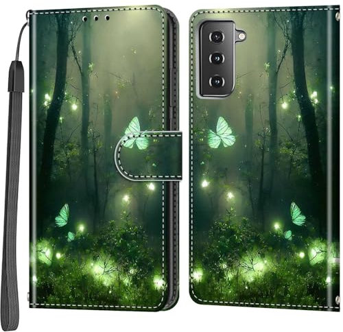 Handyhülle für Samsung Galaxy S21 Hülle, Magnetische Flip Stoßfeste Schutzhülle mit Standfunktion Kartenfächern Klapphülle Handytasche Waldschmetterling