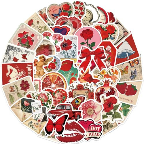 Retro Red Vinyl Stickers Pack - 50 Pcs Cute Decals for Water Bottles Laptops Stainless Steel Cups & Ceramic Mugs | Kids,Teens, Adults (Boys/Girls)