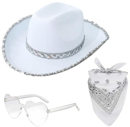 Puwaiio Weißer Cowgirl-Hut Für Erwachsene Glim-mer Cowgirl-Hut Western-Cowboyhut Mit Herzförmiger Sonnenbrille Und Bandana Festival-Cowboy-Kostümzubehör Kostümzubehör
