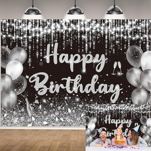 Toile de fond « Happy Birthday » noire et argentée - Bannière de ballons à paillettes pour photographie - Fournitures de fête d'anniversaire pour hommes et femmes - 240 x 180 cm