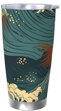 FHEBNDS Gobelet isotherme à double paroi sous vide de 591 ml avec couvercle et paille – Tasse à café isotherme à double paroi sous vide – Papier peint de vague japonaise – Tasse de voyage étanche pour
