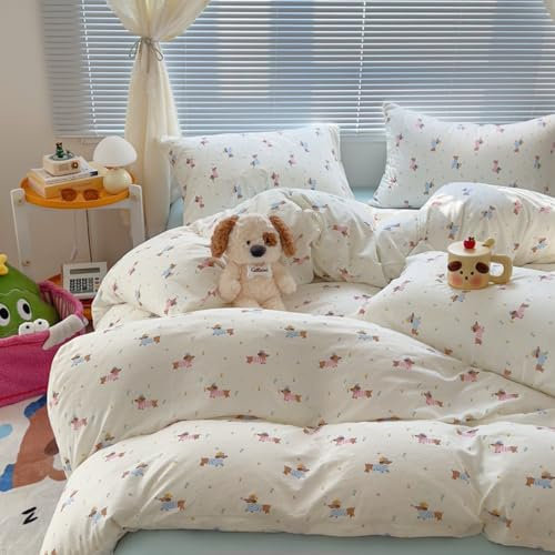 Freyamy Bettwäsche 135x200cm 2teilig Weiß Bunt Dackel Kinderbettwäsche 100% Microfaser Mädchen Bettwaren-Sets Hundemuster Wende Deckenbezug 1 Bettbezug mit Reißverschluss und 1 Kissenbezug 80x80cm