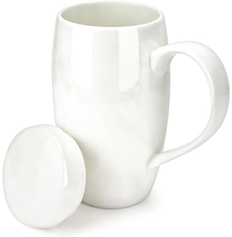 Linkidea 22oz Extra Large Fine Bone China Coffee Mug with Lid, Oversized Coffee Cups with Handles, Big Teacups for Office and Home, Microwave and Dishwasher Safe, White