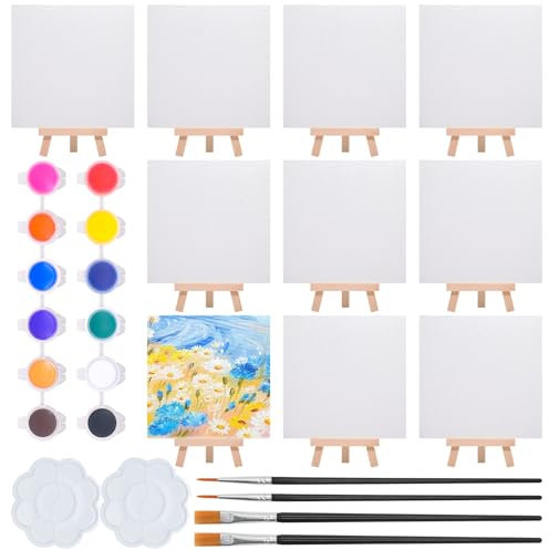 Annickee 10 Stück Mini Leinwand mit Mini Staffelei, 15 x 15cm, Staffelei Klein Faltbar, Kleine Leinwand zum Bemalen, mit 12 Farben Acrylfarben, 4 Ölpinsel und 2 Farbpaletten, für Tisch Deko Basteln