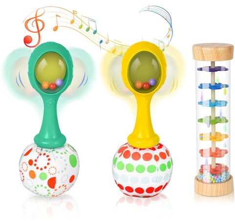 Baby Rattles 0-12 Months Newborn Toys Wooden Rain Stick & Rock Maracas, 3 Soft Musical Instruments Sensory Hand Grip Developmental Toy for Infant Babies Boy Girl Gifts