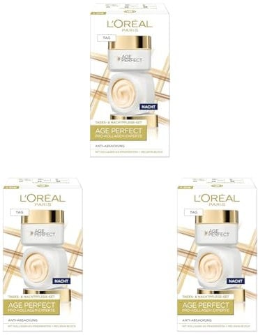 L'Oréal Paris Straffendes Gesichtspflegeset für reife Haut mit Anti-Aging Tagespflege und Nachtpflege gegen Altersflecken, Mit Kollagen-AS-Fragmenten, Age Perfect Pro, Experte, 2 x 50 ml