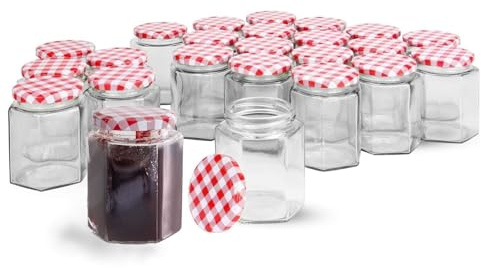 250ml Hexagonal Jam Jars Set of 24, Glass Jars with Lids, Preserving Pots