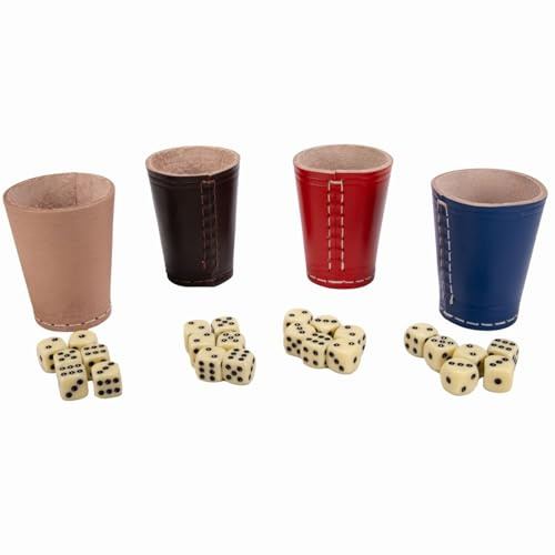 GICO Leder Würfelbecher Standard (9 cm) mit 6 Würfeln im 4er Set bunt - 5908