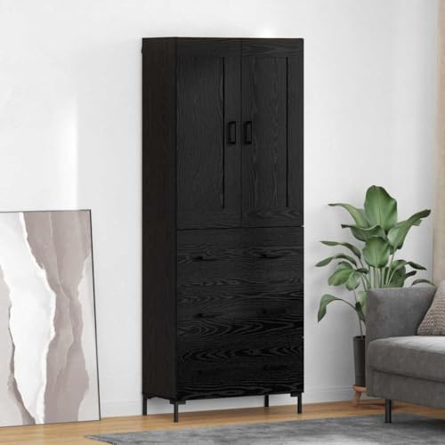 Qnhdfrt Black Oak-Look Highboard 69.5x34x180 cm Modernes Küchenschrank mit 2 Türen & Schublade Stabiler Holzwerkstoff Großer Stauraum für Esszimmer Flur Wohnzimmer