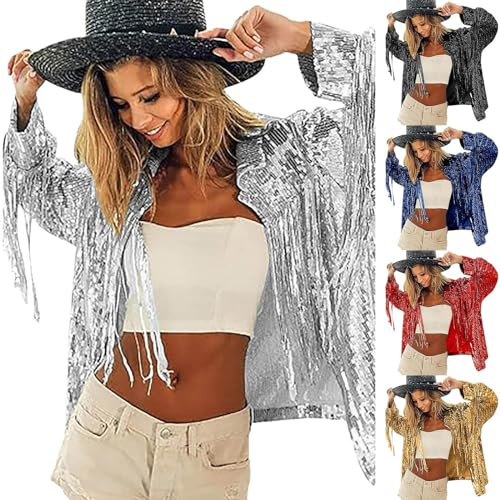 RACXBO Damen Pailletten Jacke Mit Fransen Glitzer Cardigan Langarm Blazer Offene Vorderseite Party Jacken 70Er Jahre Disco Outfit Für Karneval Fasching Festival Clubwear 2026