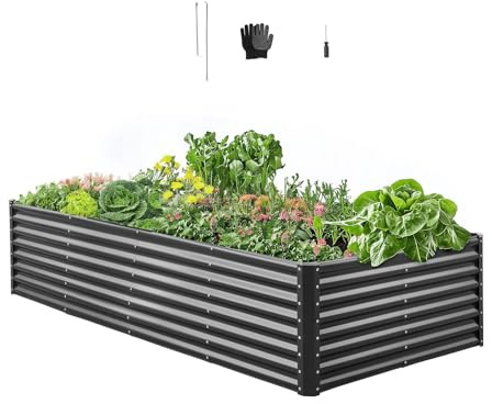 VEVOR Aiuola Rialzata in Metallo, Fioriera da Giardino Zincata per Esterni 2400 x 1200 x 600 mm, Design a Fondo Aperto, per la Coltivazione di Verdure, Erbe Aromatiche e Piante Grasse, Grigio Scuro
