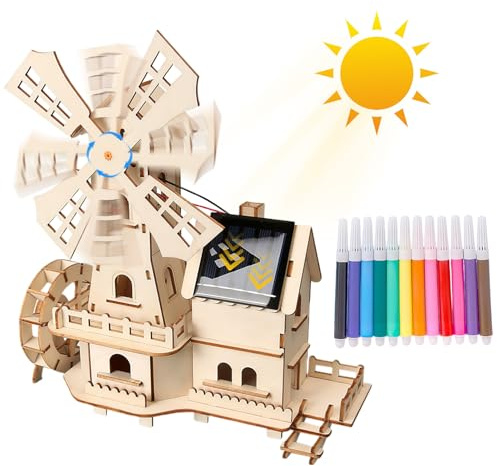 Solarbetriebenes 3D Holzpuzzle, DIY Montage holzbausatz mit Windmühle | Modellbausatz,Kreatives Modellbauprojekt, Wissenschaftliches Lernspiel