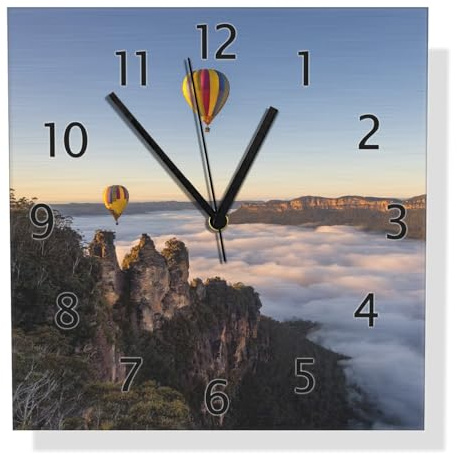 Wallario Design Wanduhr Ballons über Nebelmeer aus Aluverbund, Alu-Uhr Größe 30 x 30 cm, Schwarze Zeiger mit Metalloptik