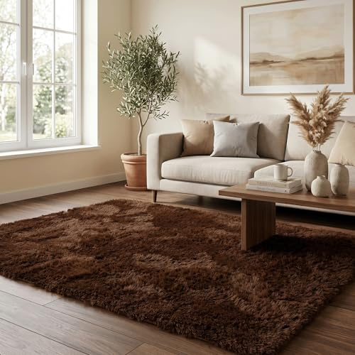 Pergamon Fluffy Shaggy Teppich Dunkelbraun – Hochflor Teppich extra weich, moderner Wohnzimmer Teppich, kuschelig & pflegeleicht