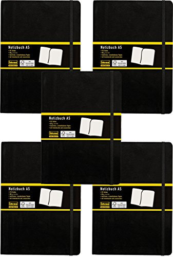 Idena 10054 - Notizbuch DIN A5, 192 Seiten, 80 g/m², blanko, schwarz (5er Pack)