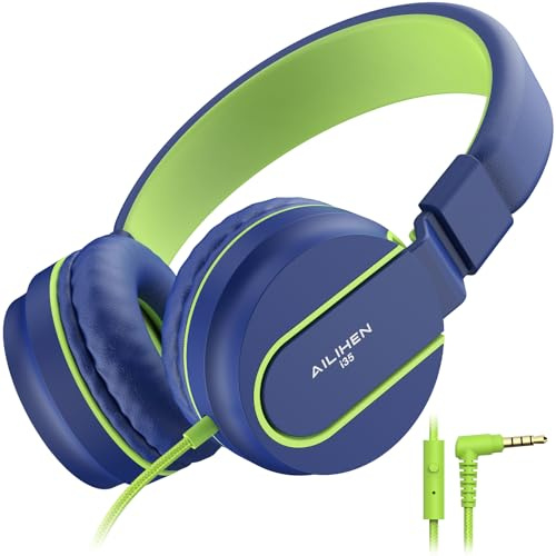 AILIHEN I35 Auriculares para niños con micrófono Volumen limitado 93dB Niñas Niños Auriculares con cable plegables y livianos para la escuela Curso en línea Chromebook Teléfono Inteligente（Azul Verde）