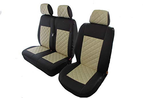 Passend für Volkswagen VW Transporter T5 T6 nach 2004 Links- oder Rechtslenker, Öko-Leder-Sitzbezüge, Schwarz / Beige, 2 + 1 (1 Einzel-, 1 Doppelsitz)