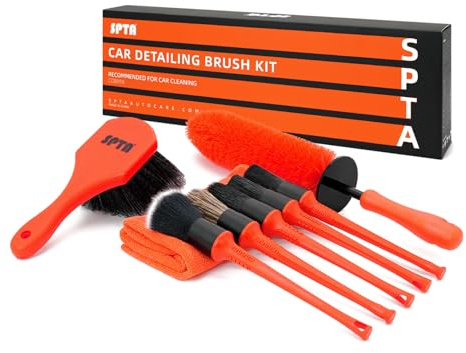 SPTA Kit de 8 cepillos para Ruedas y neumáticos para Detalles de Coche, Cepillo de Rueda y llanta de fácil Alcance, 5 cepillos de Detalles, Cepillo de Limpieza de Mango Corto, 1 paño de Limpieza de