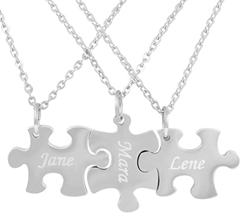 Hanessa 3 Stück Personalisierte Kette mit Gravur Edelstahl 60 cm mit Anhänger Puzzle Teil 3 Teile in Silber - Personalisierte BFF Geschenke Freundin Freund Freundschaft - Halskette personalisiert