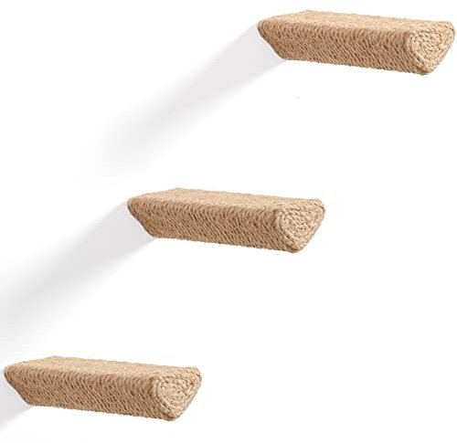 Set Of 4 Wall Mounted Sisal Rope Cat Wall Shelves In Triangle Shape - Durable Handmade Wooden Stepper Shelf L9.44 x W3.9 (24x10cm) - Wood Cat Wall Furniture For Climb, Scratch, Rest
