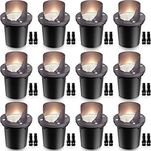 SUNVIE 12 Pack Low Voltage Landscape Lighting 12W LED Outdoor In-Ground Waterproof Shielded Well Lights Warm White Paver Lights with Wire Connectors for Pathway Garden Yard Fence Deck
