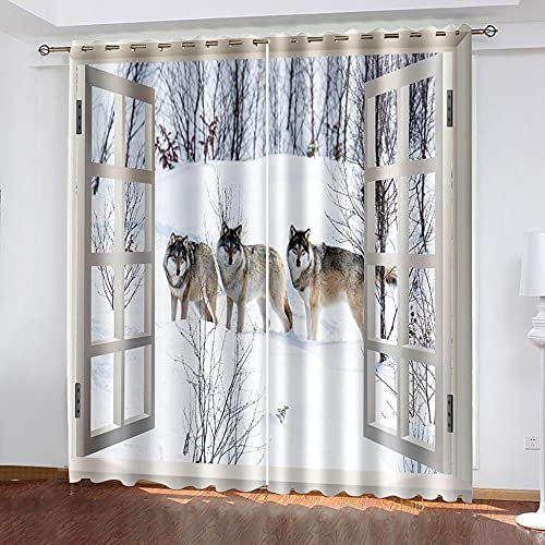 XGFWMS Rideaux Occultants 240X230Cm Lot De 2 Thermiques Rideau Eillet ?Isolants pour Fenetre De Salon Et Chambre - ?3D Loup Animal des Neiges Blanc Imprimé Rideaux Acoustiques Opaque, Anthracite