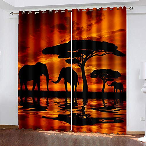 XDJQZX Schlafzimmer Vorhang Verdunkelung 260X240 cm 2Er Set 3D Sonnenuntergang Elefant Muster Gardinen Blickdicht Mit Ösen, Thermo Vorhänge Für Kinderzimmer Wohnzimmer Fensterdekoration
