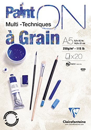 Clairefontaine 975048C - Packung mit 4 Blöcken Paint´ON à grain/gekörnt, DIN A5, kopfseitig geleimt, 20 Blatt, 250g, weiß, 4 Stück
