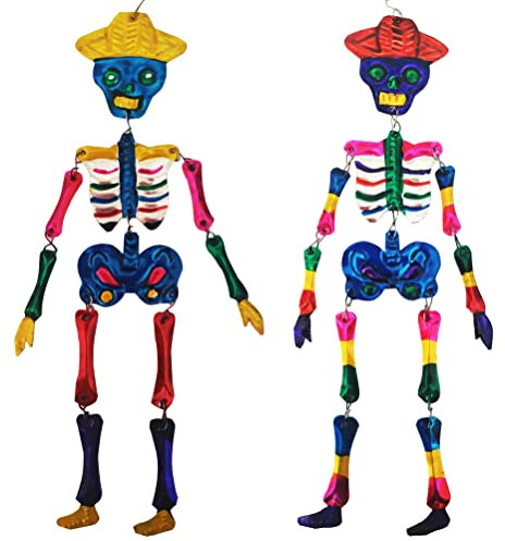 Mexican Tin Ornaments, Mexican Art, Mexican Christmas Ornaments, Two Tin Skeletons, Day of The Dead Decorations, Dia de Muertos Ornament, Sugar Skull Ornaments for Tree, Calaveras de Azucar Ornaments