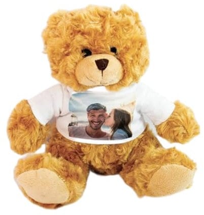 Ocadeau Braunbär-Kuscheltier mit Foto zum Selbstgestalten - Brauner Plüschbär mit weißem T-Shirt zum Selbstgestalten - Personalisierbarer Teddybär mit weißem T-Shirt