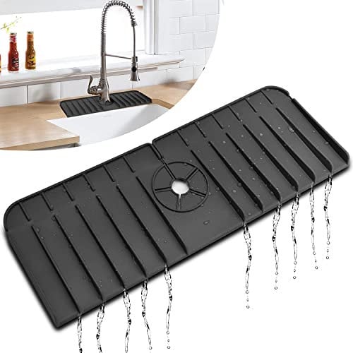 Silicone Faucet Mat,Silicone Faucet Handle Drip Catcher Tray,Drip Protector Splash for Kitchen, Bathroom,Sink Mat, Dish Drying Mat, Sponge Holder(Black)
