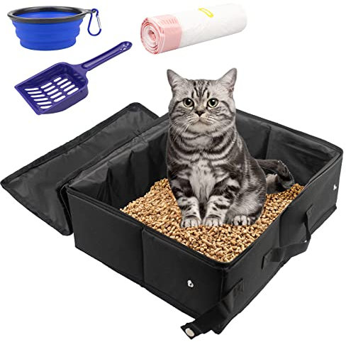 Travel Cat Litter Box, INUAN Foldable Portable Litter Box with Lid and Handle for Medium Cats and Kitties, Leak-Proof Lightweight Collapsible Cat Litter Carrier, Kitty Litter Box Waterproof