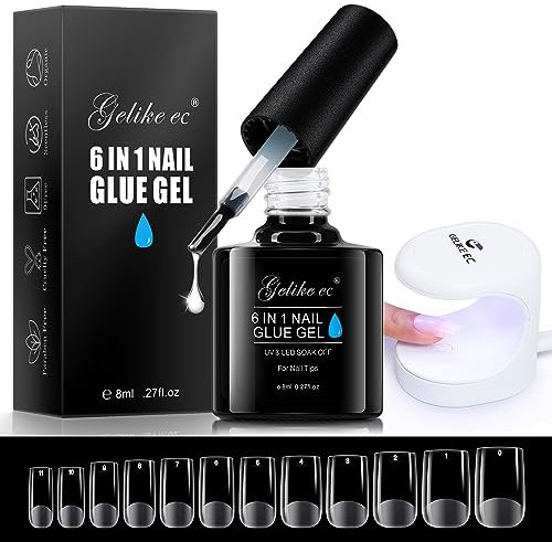 Gelike ec Nail tips and Glue Gel Kit per Unghie Finte Corta con Colla 6 in 1 (Quadrato Corto), Full Cover Tips in Gel 240PZ 12 Taglie Con UV LED Mini Lampada Unghie Nail Art Kit Fai Da Te