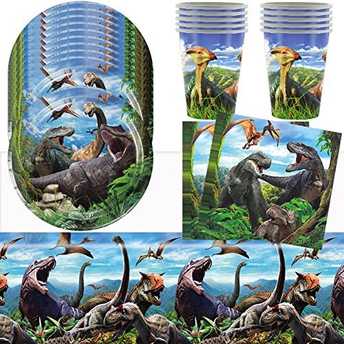 HGSHUO Stoviglie per Feste di Compleanno Decorazioni Jurassic Dinosauri Stoviglie per Compleanno Tovaglia Piatti Bicchieri di Carta Tovaglioli Dinosauro Forniture per Feste Animali