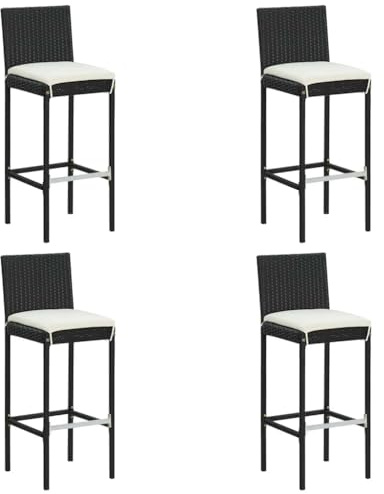vidaXL Garten Barhocker mit Kissen 4 STK., Barstuhl mit Stahlrahmen, Tresenhocker für Garten Terrasse, Küchenhocker, Schwarz Poly Rattan