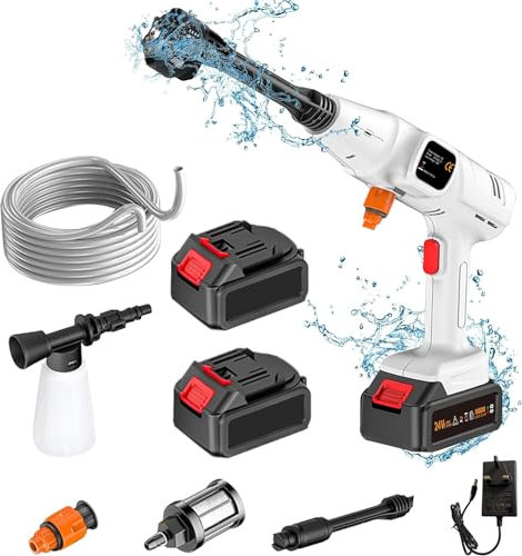 Cordless Power Washer, 5 in 1 Copper Brushless Motor Wireless with 2 Rechargeable Battery Pressure Washer Gun, Car Water Gun Water Foam Generator Spray Cleaner with Battery and Charger