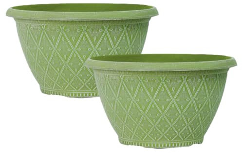 Fyne-Finds Set of 2 Plastic Prisma Bowl Planter 25cm,10nch Powdered Moss Green 4L Garden Plant Pot