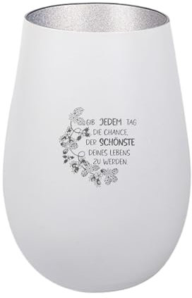 Der-Porzellan-Laden Windlicht mit Gravur Gib jedem Tag die Chance, Weiß Silber, Teelichthalter aus Glas mit Spruch, Tischdeko modern