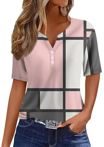 T-Shirts pour Femmes, T-Shirts d'été à Boutons avec Col en V et Manches Short pour Femmes, Haut Rayé de Couleur, T-Shirt d'été Basique pour Femme, Coupe Ample Chemise Femme Chic et élégant