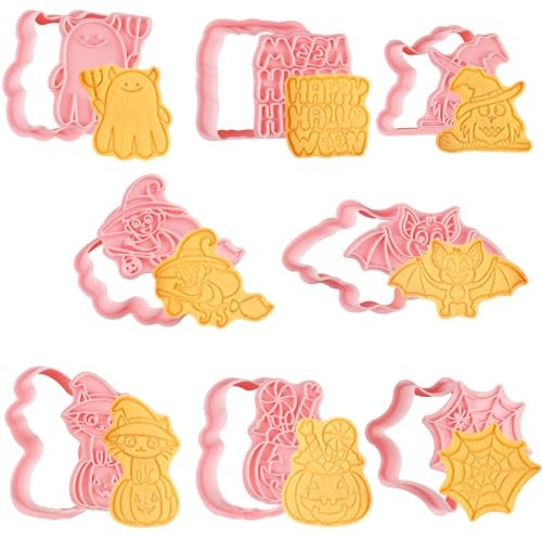 Bigqin 8PCS Halloween Cookie Cutters Set 3D Cookie Mold Plastic Cookie Stampers with Cute Cartoon Shapes for Biscuit Fondant Snacks Cheese Baking