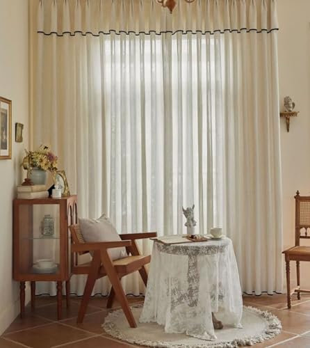 Beydodo Gardinen Polyester Beige, Vorhänge mit Ösen 2er Set 107x214CM mit Schabracke Einfarbig Französisch Gardinenschals Halbtransparent Schiebevorhänge Wohnzimmer Schlafzimmer Kinderzimmer