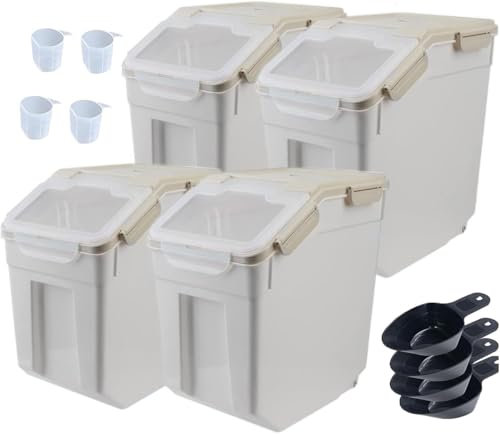 RUIAN 25lb Flour Rice Storage Containers Bin, Large Airtight Storage Container with Wheels Seal Locking Lid, with Measuring Cup&Scoop for Flour, Rice, Grain(Grey, 4PCS)